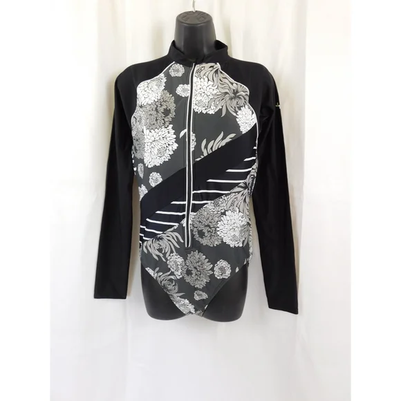 JOYLAB BLACK WHITE FLORAL LONG SLEEVE SWIMSUIT RASH GUARD XL - Picture 4 of 7